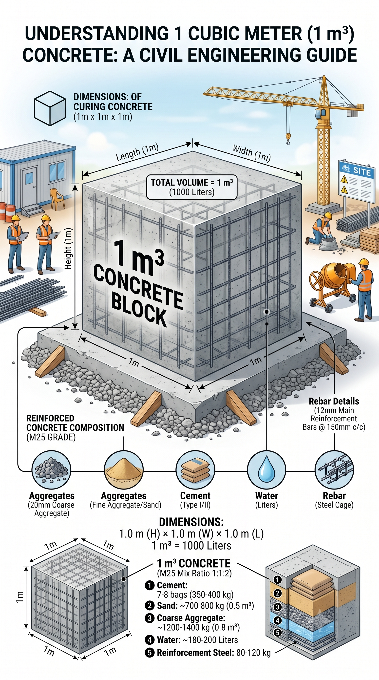 For 1 m³ (1 cubic meter) of concrete, the quantity of cement, sand, and aggregate depends on the concrete grade. Here's the step-by-step calculation for M20 Concrete (1:1.5:3), which is commonly used in house construction.