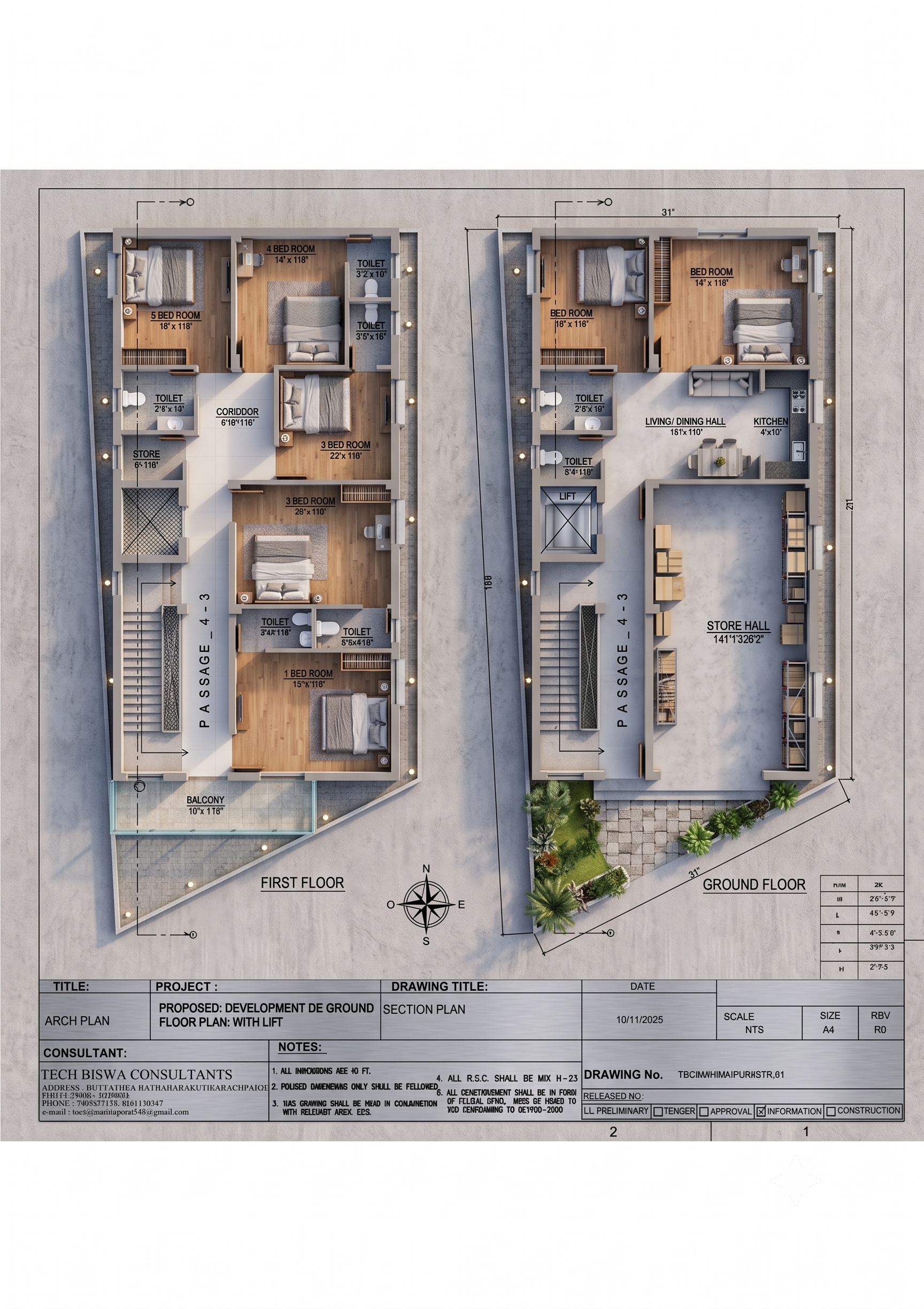 Primary Title: G+1 Dual-Functional House Plan: Ground Floor Commercial Store Hall & First Floor 5 BHK Premium Apartment
