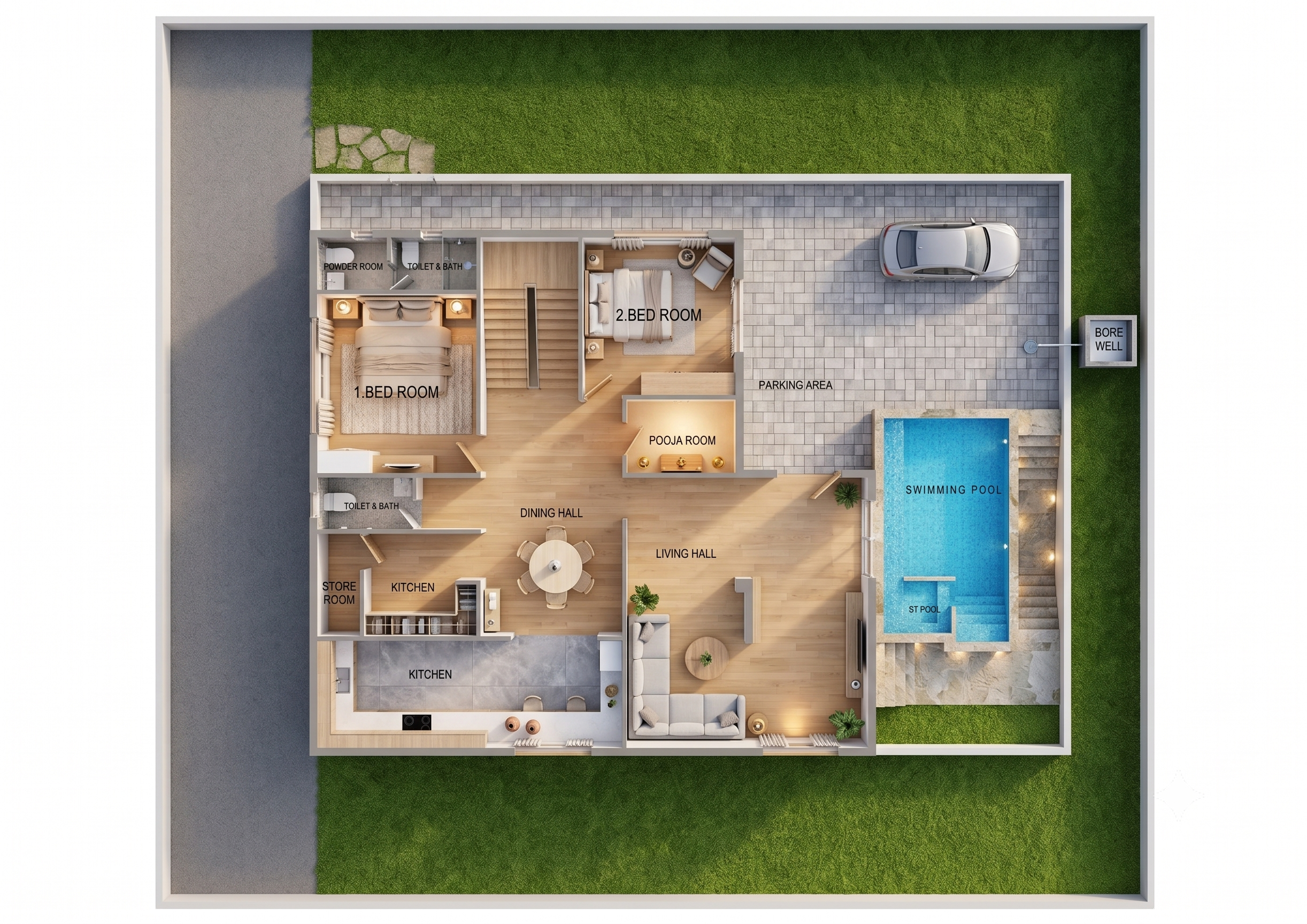 Primary Keywords: Modern 2 BHK House Plan, Luxury Home Design with Pool, Ground Floor House Map, Architectural Floor Plan Website.