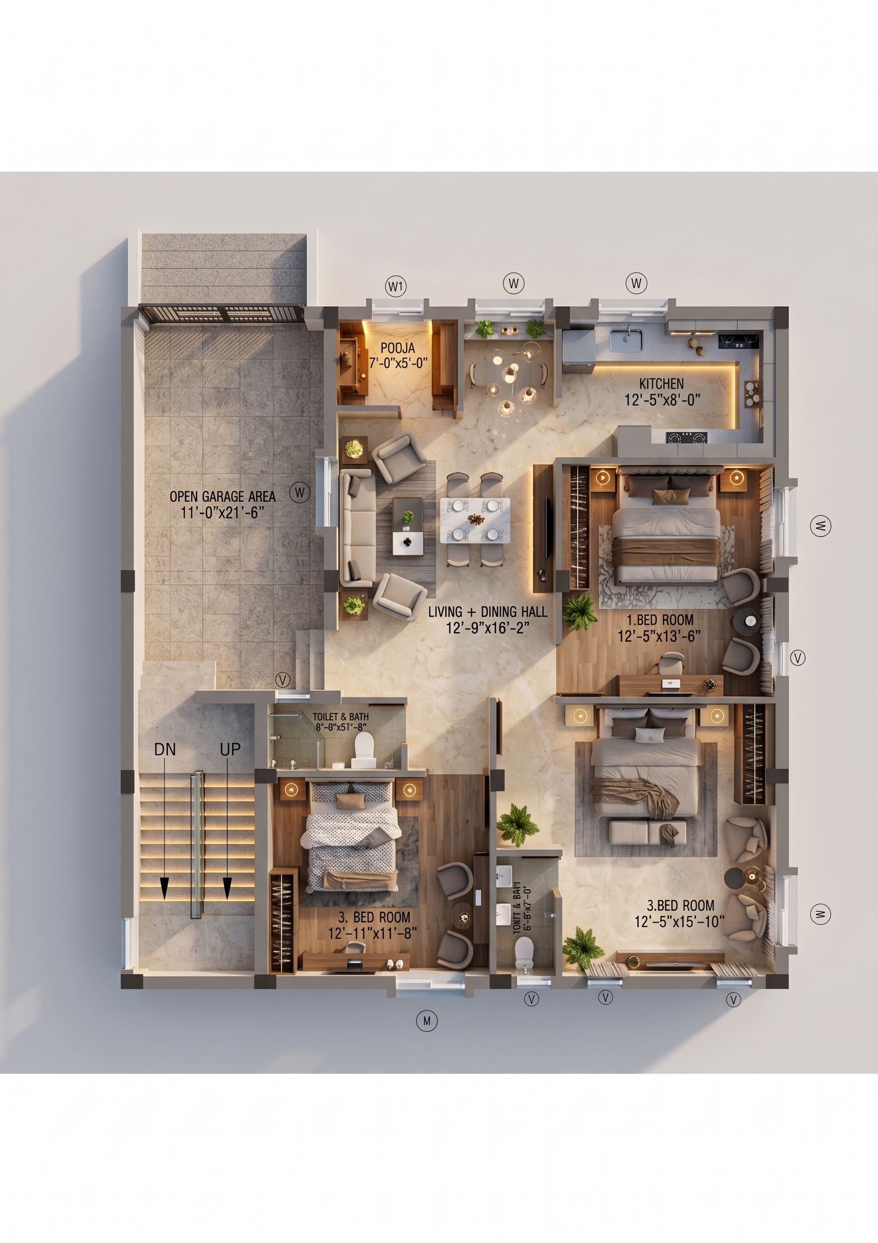 Modern 3 BHK House Plan, Luxury Home Interior Design, Single Floor House Map, 3D Architectural Floor Plan.