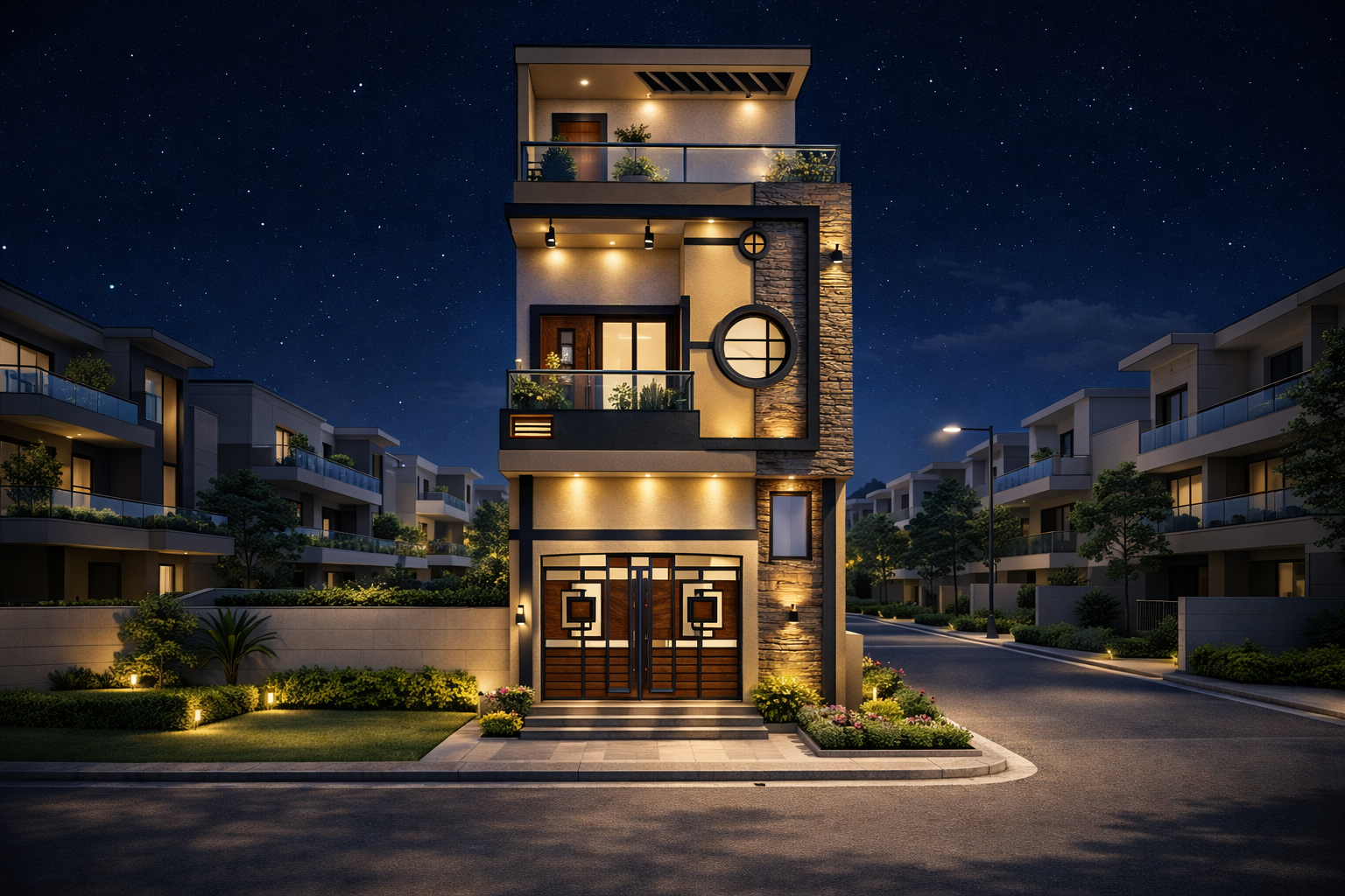 Modern Small-Plot 3-Story House Front Elevation