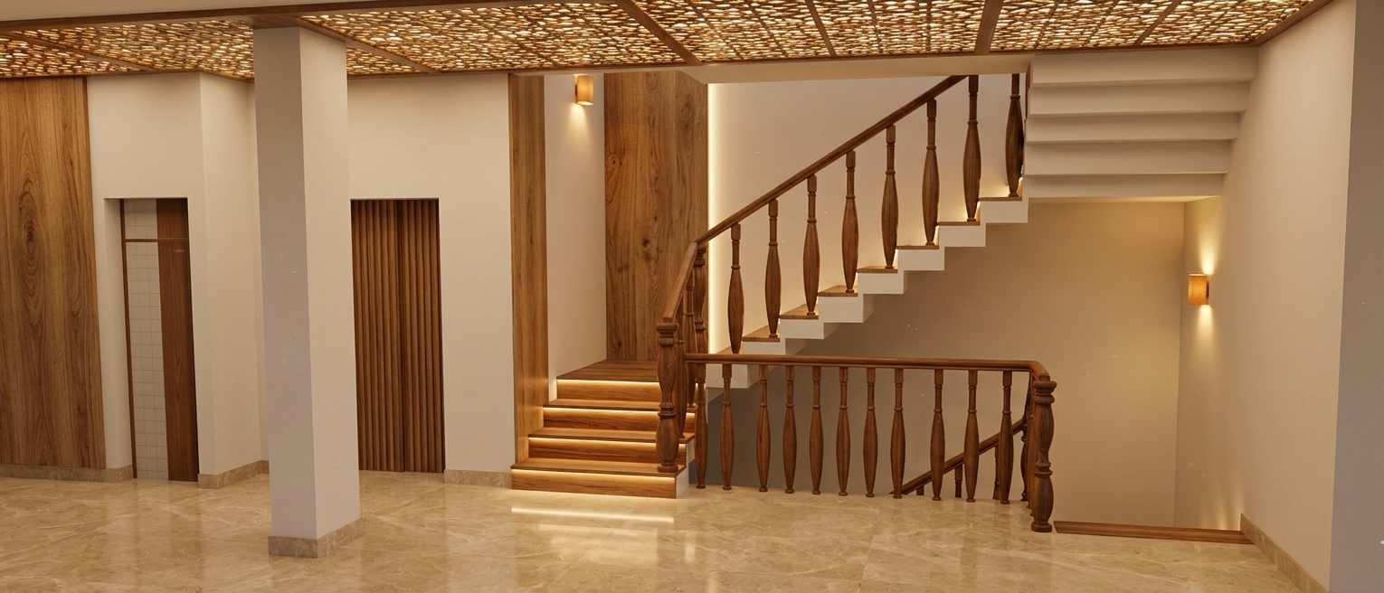 Modern Luxury Villa Lobby & Corridor Interior Design This premium interior layout highlights an elegant mix of classical wooden craftsmanship and minimalist modern linear design. The concept pairs rich, organic materials with seamless, state-of-the-art li