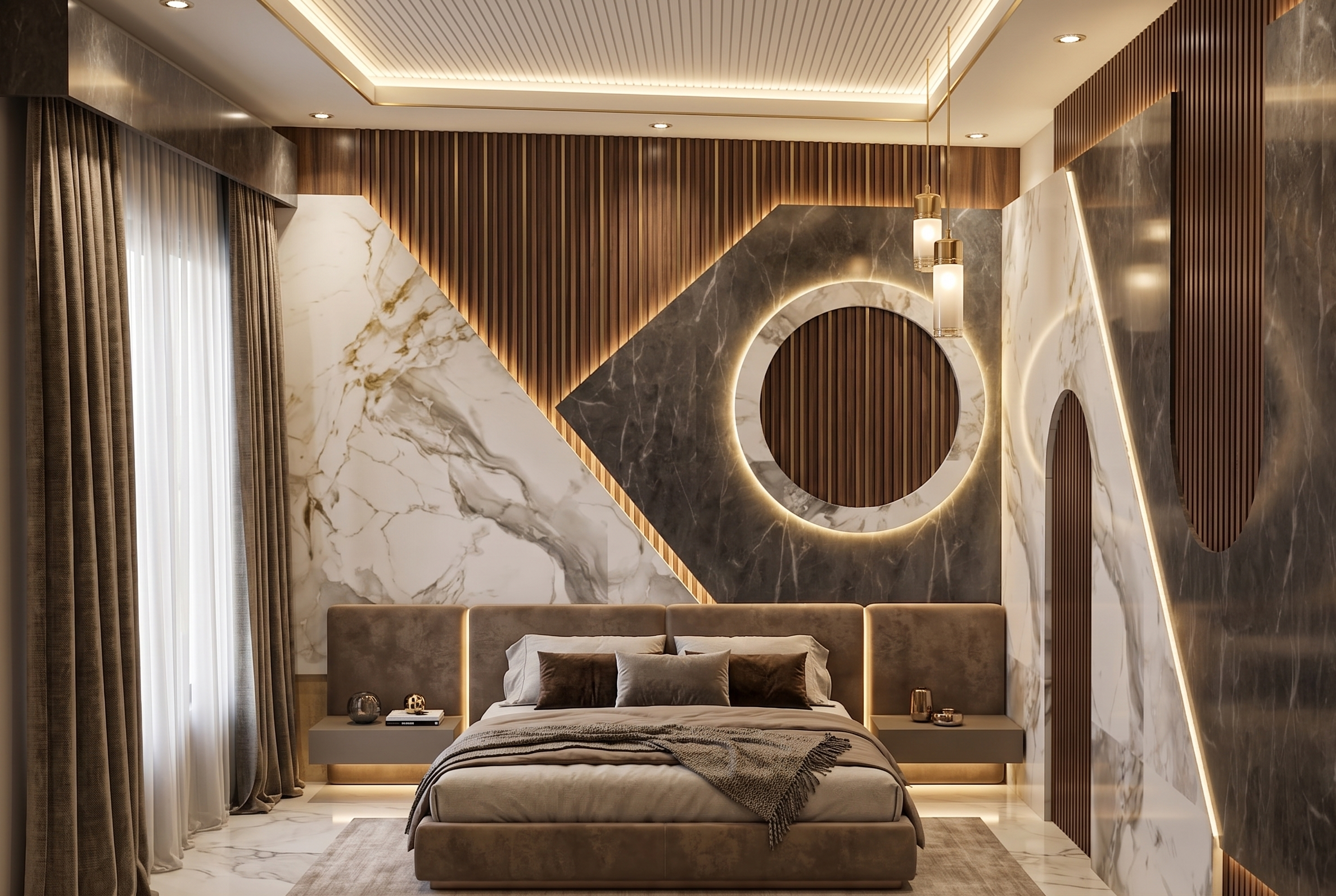 Luxury Modern Bedroom Interior Design Details This premium bedroom features a captivating blend of geometric architecture and sophisticated 