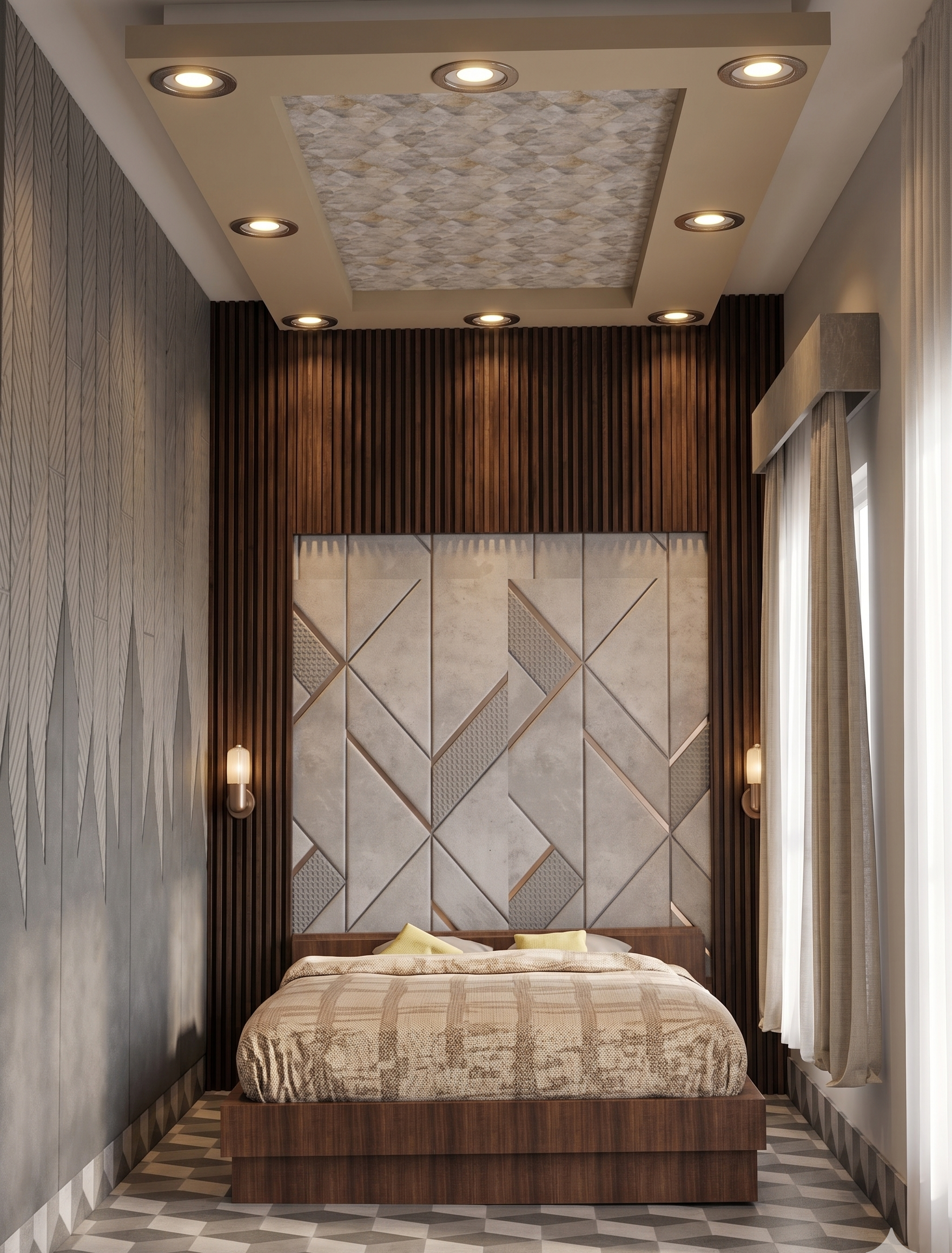 Modern Luxury Master Bedroom Interior Design Details This master bedroom showcases a stunning configuration optimized for compact or narrow floor plans. By combining rich vertical textures, book-matched marble features, and high-end geometric wall art, th
